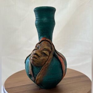 Mykoo Jamaican Face Teal and Brown vase Artistic Green and Brown Ceramic Vase